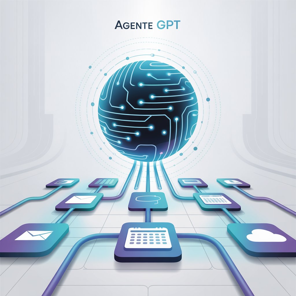 ilustração digital de um agente gpt conectado a ferramentas corporativas e ícones de produtividade em rede futurista