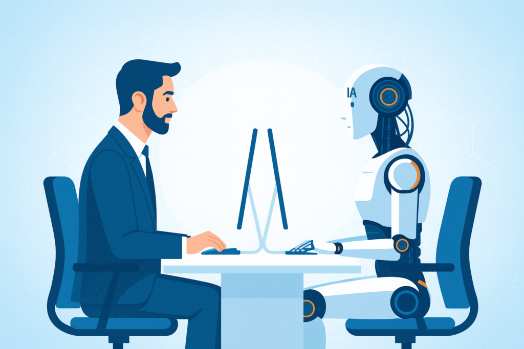Profissional e robô trabalhando juntos em frente ao computador, simbolizando produtividade com IA no ambiente corporativo