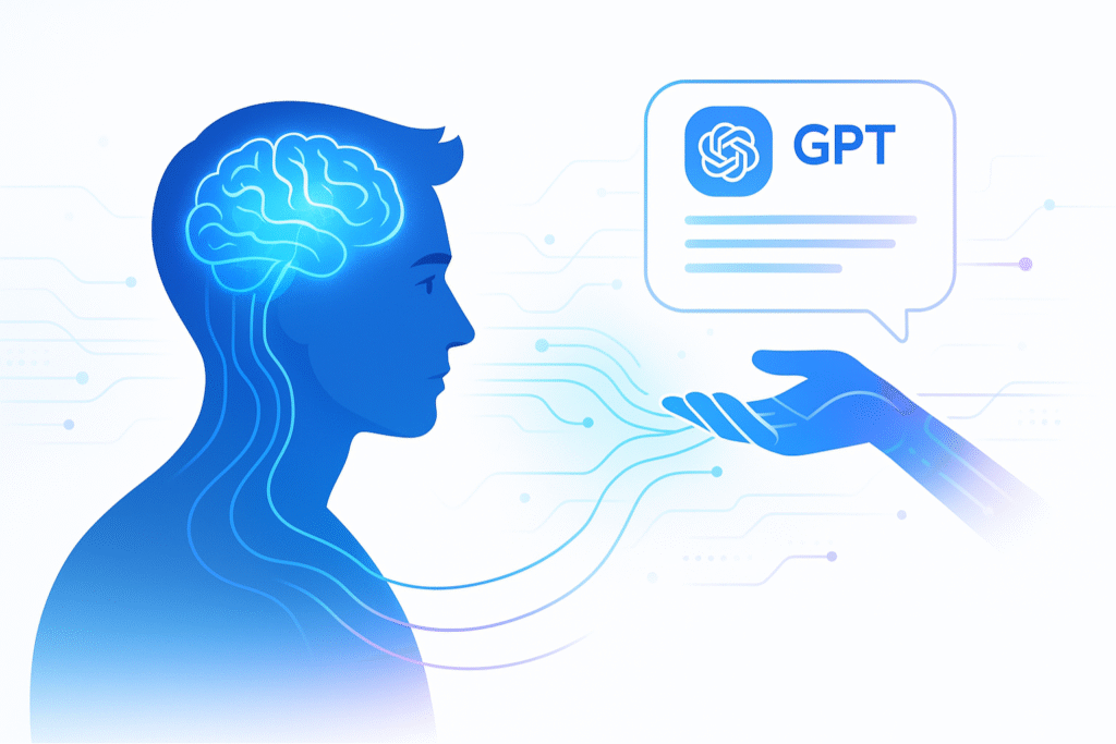 Pessoa conectada ao ChatGPT representando o equilíbrio entre inteligência artificial e pensamento crítico humano
